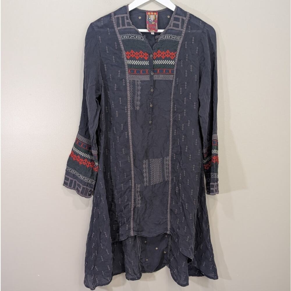 Johnny Was Embroidered Hi Low Tunic Flowy Kimono Sleeve Coastal Boho - Size M